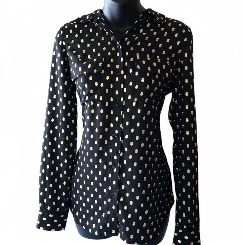 Who What Wear black nd Metallic gold polka dot Blouse size small